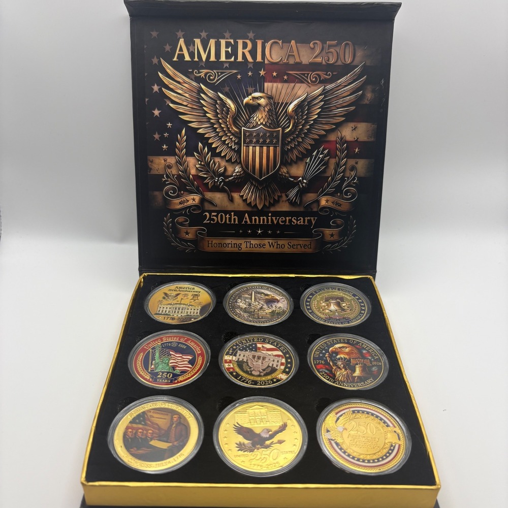 America 250th Anniversary Commemorative 9 Coin Set 1776-2026 Honoring Veterans